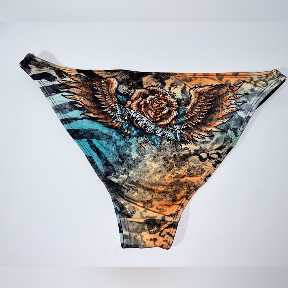 Sinful by Affliction Bikini Bottom Studded Heart Tiger Rhinestone Blue M